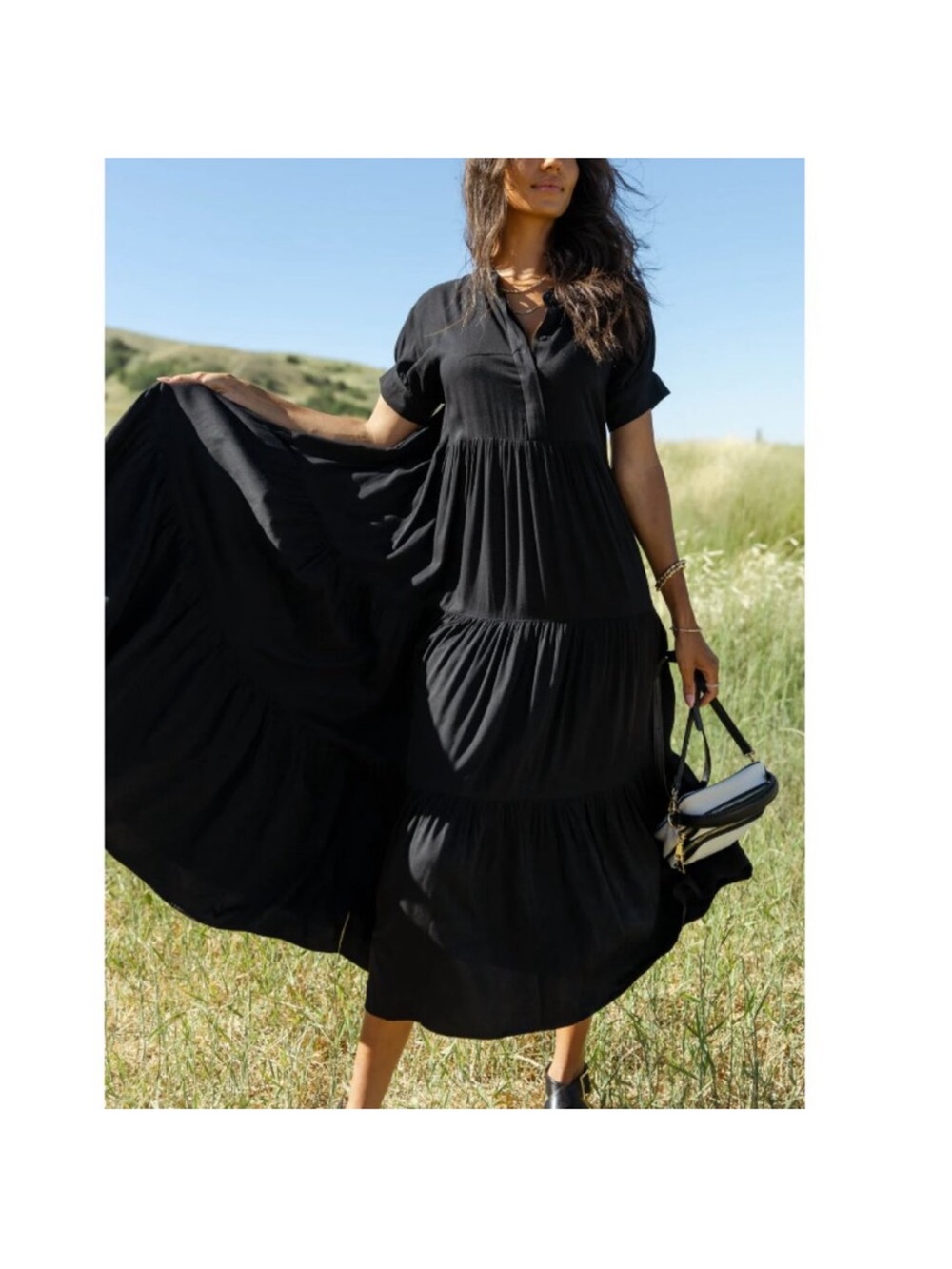 Bohme Amanda Black Tiered Short Sleeve BOHO Cottagecore Prairie Midi Dress